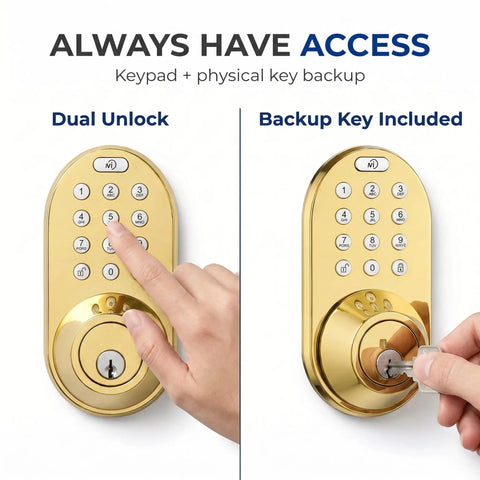 No Sweat Smart Keypad Deadbolt With Top Shelf Polished Brass Finish And One Touch Locking Stores Fifteen Custom Codes Smooth Digital Entry Rock Solid Front Door Security Upgrade