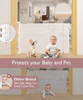 Retractable Baby Gate Mesh Barrier For Doorways And Stairs, 33-Inch Tall, Expands To 55-Inch Wide, Kid Safe And Pet Friendly shown with baby and dog