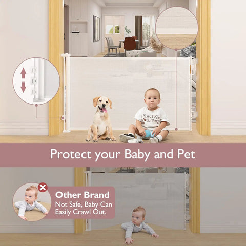 Retractable Baby Gate Mesh Barrier For Doorways And Stairs, 33-Inch Tall, Expands To 55-Inch Wide, Kid Safe And Pet Friendly shown with baby and dog