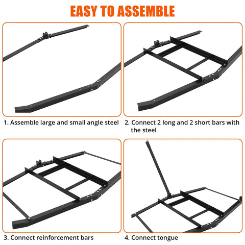 Assembly steps for heavy duty driveway drag harrow for ATV UTV and garden tractors 74 inch wide tow behind harrow with 35 inch length pin style hitch
