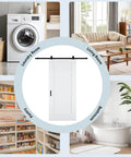 36x84 Inch White Primed Sliding Barn Door With 6 Ft Hardware Kit And Handle, displaying potential room uses.