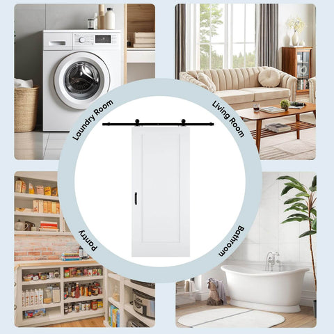 36x84 Inch White Primed Sliding Barn Door With 6 Ft Hardware Kit And Handle, displaying potential room uses.