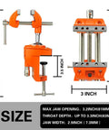 Beefy Heavy Duty Clamp Bench Vise With Swivel Base And Post Universal 360 Degree Woodworking Vise showing dimensions and design