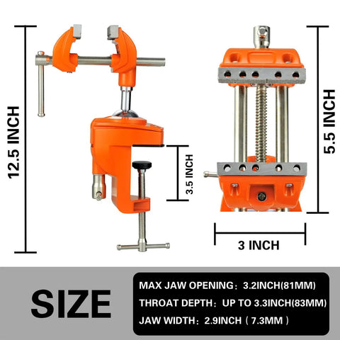 Beefy Heavy Duty Clamp Bench Vise With Swivel Base And Post Universal 360 Degree Woodworking Vise showing dimensions and design