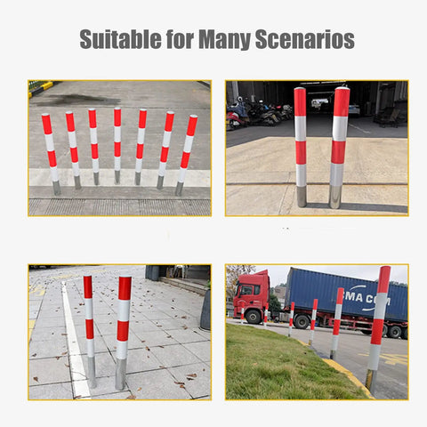 Gotta Have These Rock Solid Steel Traffic Cones And Parking Bollards, High Visibility Reflective Road Barrier Posts For Driveway Protection, Easy Setup 24 Inch Safety Markers Built Tough in various outdoor settings.