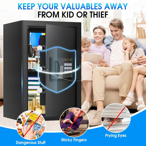 3.3 Cu Ft Large Fireproof Safe For Home Use With Electronic Keypad And Spare Key, open showing valuables, family in background