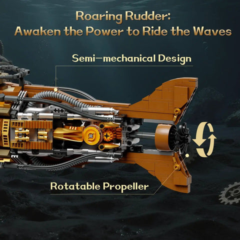 Side view of Steampunk Nautilus Submarine Building Kit With Gear Linked Propeller Modular Three Section Design Mini Boat