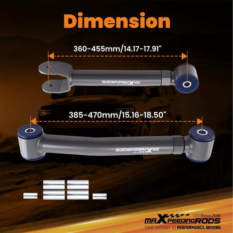 Adjustable Front Control Arm for Jeep Wrangler TJ Cherokee XJ ZJ, beefed-up suspension upgrade, 360-455mm and 385-470mm lengths shown