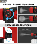 Cordless HVLP Paint Sprayer For Milwaukee 18v Battery Tool Only, 200w Brushless Motor showing spray pattern and length adjustment features.