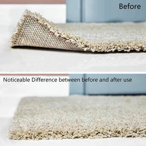 Before and after use of 16 Piece No Slip Rug Pad Grippers For Hardwood Floors And Tile Reusable And Washable Double Sided Carpet Tape