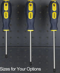 3 Pcs Rugged Phillips Screwdriver PH2 Magnetic Tip Non Slip Grip Chrome Vanadium Steel displayed in various sizes.