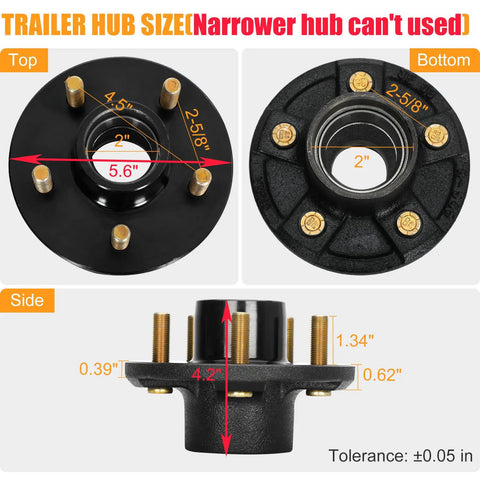 Heavy Duty 2000Lb Trailer Hub Kit With Five Lug Four And Half Inch Bolt Pattern for Straight Spindle Fits One Inch Or One And One Sixteenth Inch Axles size diagram