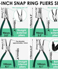 7 inch snap ring pliers set diagram showing straight and bent external and internal pliers with size details.