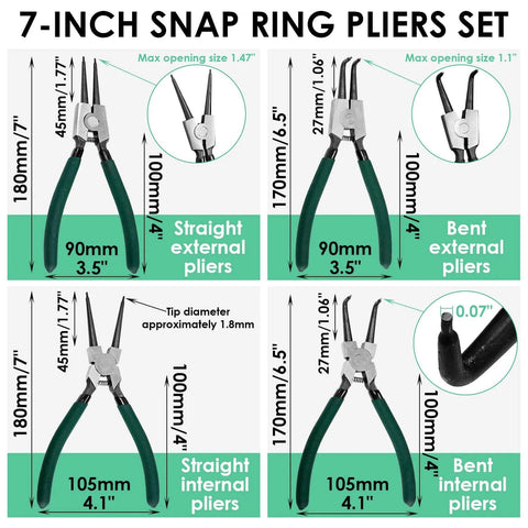 7 inch snap ring pliers set diagram showing straight and bent external and internal pliers with size details.