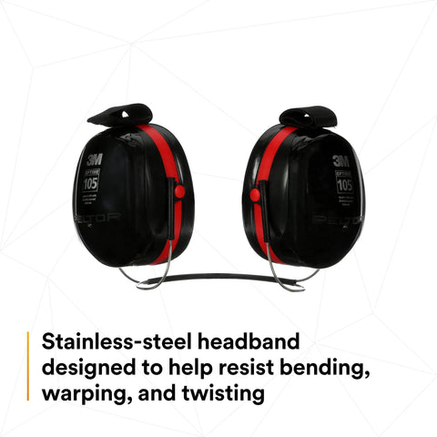 Optime 105 Behind The Head Earmuffs For Industrial Use NRR 27 To 30 dB with double shell noise blocking, stainless steel build.
