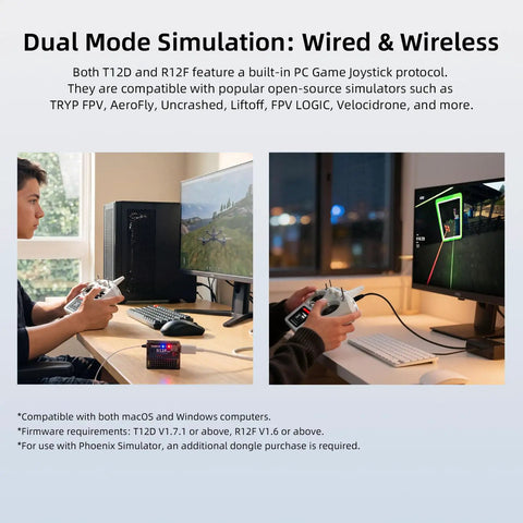 RC hobbyist using T12D 12CH 2 4G RC Transmitter with R12F Receiver for dual mode simulation on PC