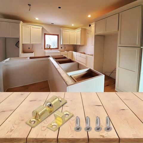 Double Ball Tension Roller Catch Latch For Cabinet Doors on wooden surface with screws, adjustable solid brass in gold tone, 60mm