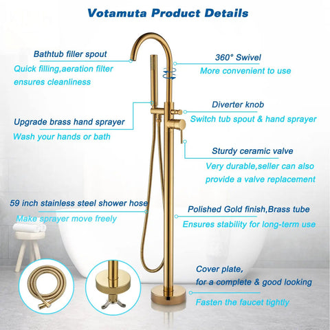 Gold Polished Freestanding Bathtub Faucet Floor Mount Tub Filler With Hand Shower Mixer Taps High Flow 360 Degree Swivel Spout Brass Body 150cm Hose Built To Last in modern bathroom setting.