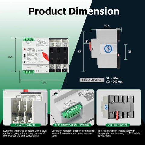 Product dimension of Automatic Transfer Switch Three Phase ATS 100A 220V DIN Rail Mounted Controller with silver contacts and copper terminals.