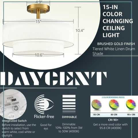 Dope Gold Drum Ceiling Light Fixture, Semi Flush Mount LED Lamp With 15 Inch Brass Drum Shade, color temperature options displayed