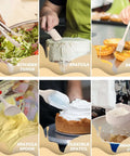 Collage showing 26 Piece Stainless Steel Mixing Bowls Set With Airtight Lids And Grater Attachments Non Slip Bottoms Khaki Kitchen Gadgets used in meal prep