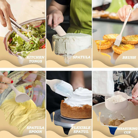 Collage showing 26 Piece Stainless Steel Mixing Bowls Set With Airtight Lids And Grater Attachments Non Slip Bottoms Khaki Kitchen Gadgets used in meal prep