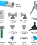 Three Quarter Inch Compressed Air Piping System With 100 Ft HDPE Aluminum Hose And Aluminum Outlet Blocks, fittings and tools.