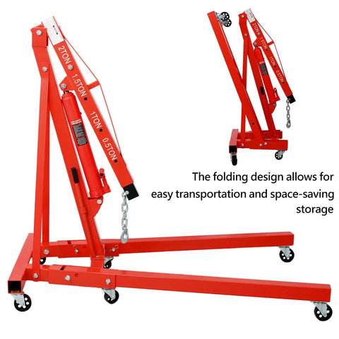 Hella Sturdy Heavy Duty Hydraulic Engine Hoist Crane Two Ton Four Thousand Pounds Capacity Folding Cherry Picker in red with swivel casters.