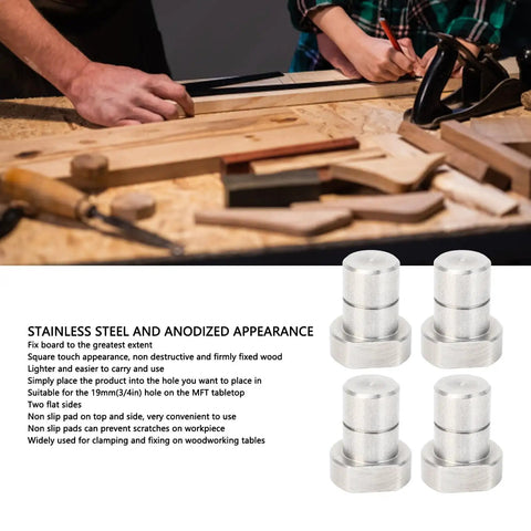 4Pcs 3/4 Inch Stainless Steel Bench Dogs Hold Boards Dead Tight In 19mm Workbench Holes With Flat Sides And No Wiggle Grip For Solid MFT Tabletop Clamping And Shop Builds on wooden workbench.