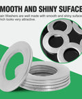 Flat washers, 2 in outer diameter, 1 in inner hole, 304 stainless steel, pack of 5, front view.