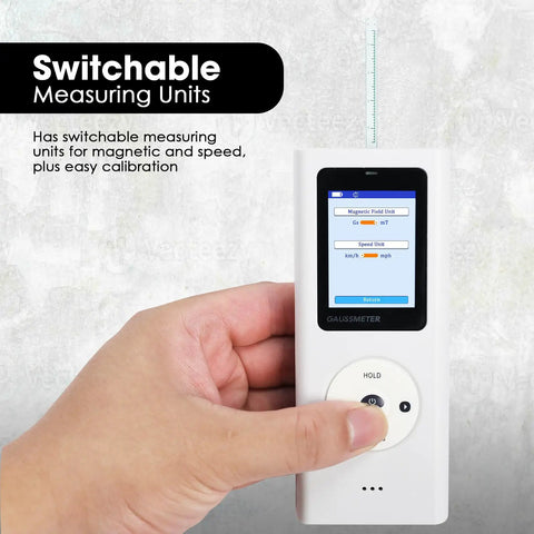 Portable Gauss Meter With Rechargeable Battery 25000 Gauss 2500 MilliTesla Range Magnetometer showing switchable units and hold button