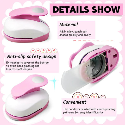 Dope 6 Piece Circle Punch Set with pink ABS and alloy material, featuring anti-slip safety design and convenience for scrapbooking and crafts