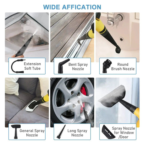 Handheld Steam Cleaner Powerhouse With 1050W Heat And Heavy Duty, pressurized steam with 9 accessory nozzles shown in use