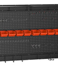 Pegboard Wall Organizer For Garage Storage 48 By 36 Inch With Hooks And Bins Tool Panel System 72 Piece Set displayed with bins