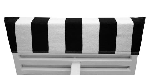 Two Pack Pool Lounge Chair Covers With Cabana Stripe Design Soft 100 Percent Ringspun Terry Cotton Oversized 32 Inch Wide By 82 Inch Long With A 7 Inch Pocket Black Beach Spa Chair Cover Set, showing top view of black and white stripe.