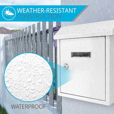 Weatherproof Wall Mount Locking Mailbox With Galvanized Steel Drop Box And Metal Flap shown in rain showcasing weather-resistant design