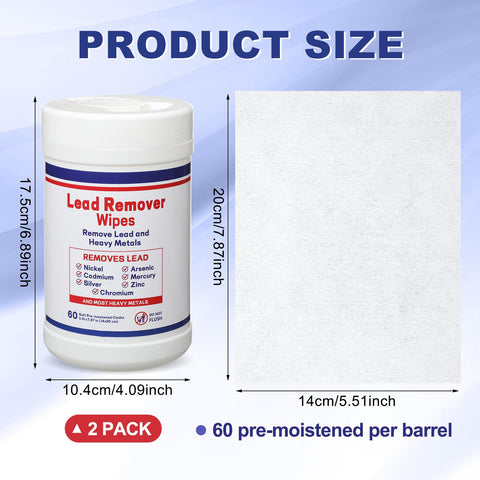 Lead Remover Wipes For Shooting 2 Pack 120 Wipes canister and wipe size diagram