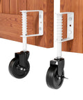 Spring Loaded Gate Wheel 4 Inch Side Break Caster For Wooden, Fence And Vinyl Gates, Heavy Duty Outdoor Gate Wheel, 200 Lb Capacity, Pack Of 2, White, Easy Install, Prevents Sagging And Keeps Gates Rollin Smooth, installed on wooden gate.