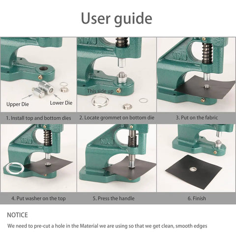 User guide showing steps to use Heavy Duty Eyelet Grommet Press Kit with Three Interchangeable Dies and 1500 Silver Grommets.