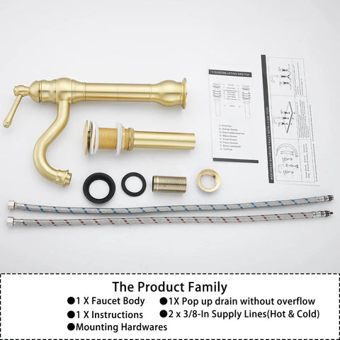 360 Degree Swivel Vessel Sink Faucet With One Hole Install, Brushed Gold Farmhouse Vanity Faucet components layout