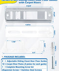 Components and dimensions of adjustable sliding closet door floor guides with carpet risers, 2 pack.
