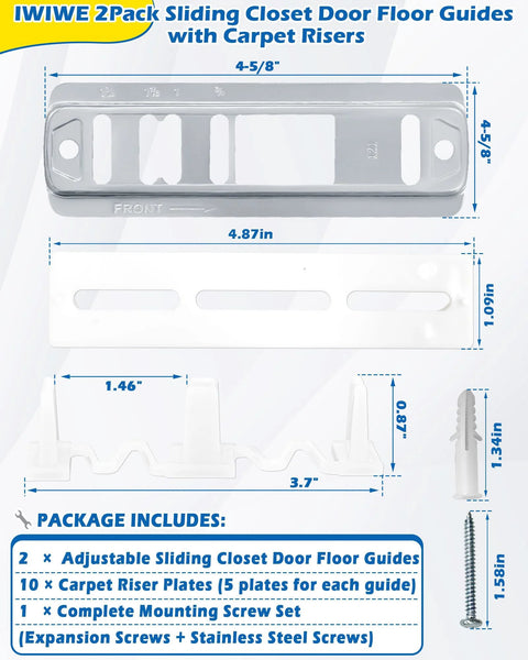 Components and dimensions of adjustable sliding closet door floor guides with carpet risers, 2 pack.