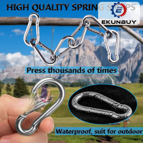 Heavy Duty 304 Stainless Steel Spring Snap Hooks 24 Pack Clips for Hammocks, shown outdoors with scenic mountain background