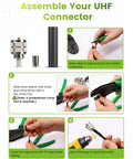 Assembly instruction for Six Pack UHF Male Crimp Connectors For RG8X LMR240 KMR240 4D FB Coax Cables PL259 J4 with tools.