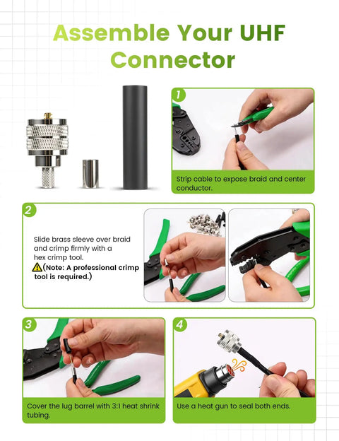 Assembly instruction for Six Pack UHF Male Crimp Connectors For RG8X LMR240 KMR240 4D FB Coax Cables PL259 J4 with tools.