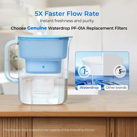 Ten Cup Water Filter Pitcher Bundled With Three NSF Certified Cartridges For Straight Up Clean Hydration And No Nonsense Flavor That Hits Different Every Time You Sip, displayed on a wooden table.