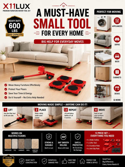 Easy Moving Furniture Set With 360 Swivel Wheels Heavy Duty Lifter Kit for moving appliances and furniture across floors.