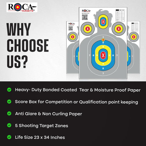 Extra Large Silhouette Targets For Shooting Range 23 By 34 Inch High Visibility Paper Targets Anti Glare For Rifle Pistol BB And Pellet Guns 20 Pack Gray displayed with features list.