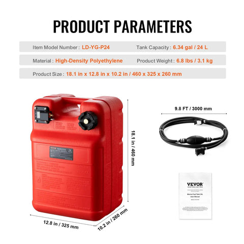 Portable 6.34-Gallon Marine Tank With 9.8ft Hose And Gauge For Outboard Engines, Yachts, Fishing Boats And Deck Boats Red