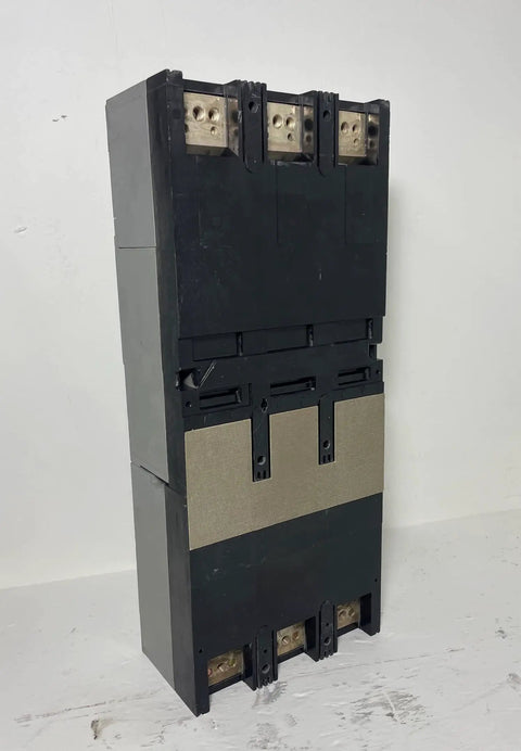 Heavy Duty Three Pole Jd Frame Circuit Breaker Rated At 350 Amps And Six Hundred Vac, vertical front view showing terminals.